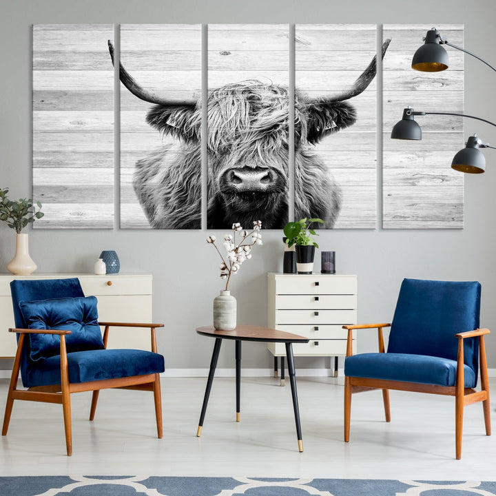 Highland Cow Canvas Wall Art Farmhouse Decor Cow Black White Print Rustic Wall Decor Animals Painting Scottish Cow Wall