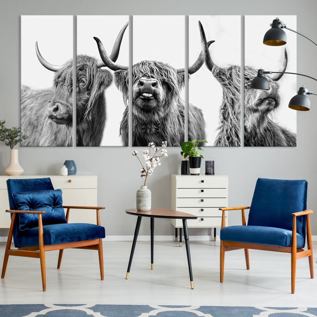 Highland Cow Canvas Wall Art Farmhouse Decor Cow Black White Print Rustic Wall Decor Animals Painting Scottish Cow Wall