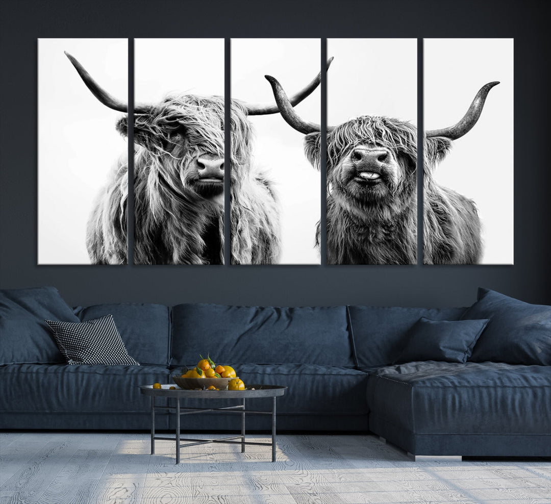 Highland Cow Canvas Wall Art Farmhouse Decor Cow Black White Print Rustic Wall Decor Animals Painting Scottish Cow Wall