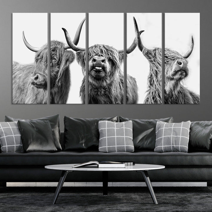 Highland Cow Canvas Wall Art Farmhouse Decor Cow Black White Print Rustic Wall Decor Animals Painting Scottish Cow Wall