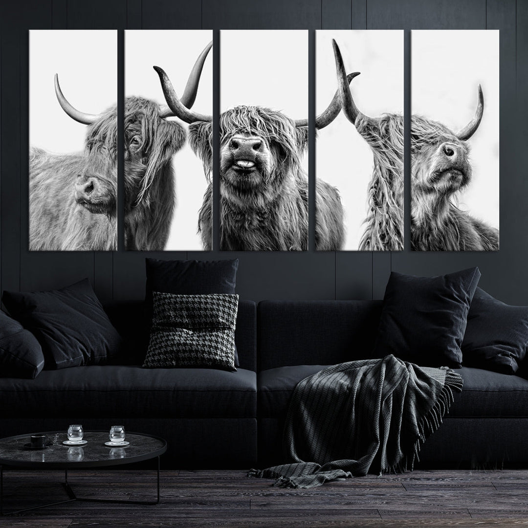 Highland Cow Canvas Wall Art Farmhouse Decor Cow Black White Print Rustic Wall Decor Animals Painting Scottish Cow Wall