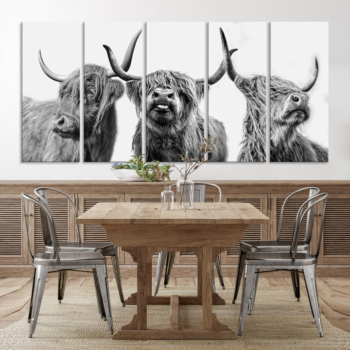 Highland Cow Canvas Wall Art Farmhouse Decor Cow Black White Print Rustic Wall Decor Animals Painting Scottish Cow Wall