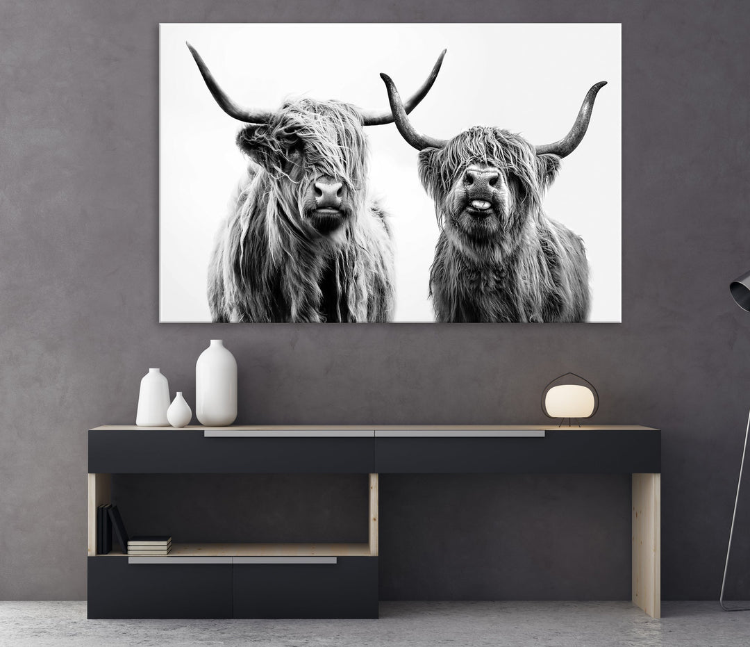 Highland Cow Canvas Wall Art Farmhouse Decor Cow Black White Print Rustic Wall Decor Animals Painting Scottish Cow Wall