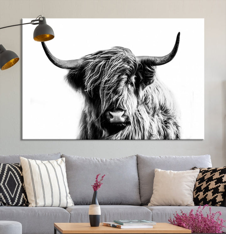 Highland Cow Canvas Wall Art Farmhouse Decor Cow Black White Print Rustic Wall Decor Animals Painting Scottish Cow Wall