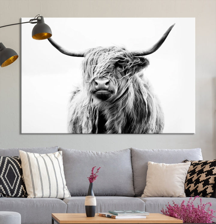 Highland Cow Canvas Wall Art Farmhouse Decor Cow Black White Print Rustic Wall Decor Animals Painting Scottish Cow Wall