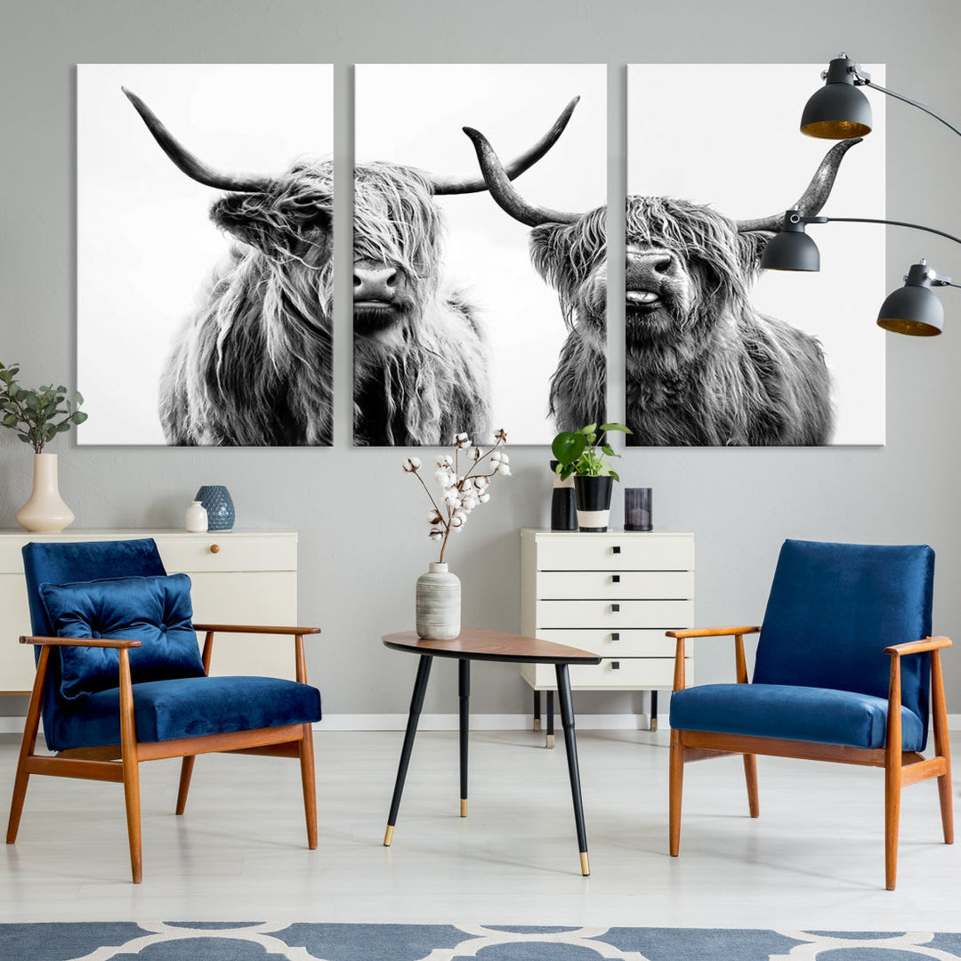 Highland Cow Canvas Wall Art Farmhouse Decor Cow Black White Print Rustic Wall Decor Animals Painting Scottish Cow Wall