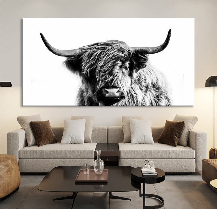 Highland Cow Canvas Wall Art Farmhouse Decor Cow Black White Print Rustic Wall Decor Animals Painting Scottish Cow Wall