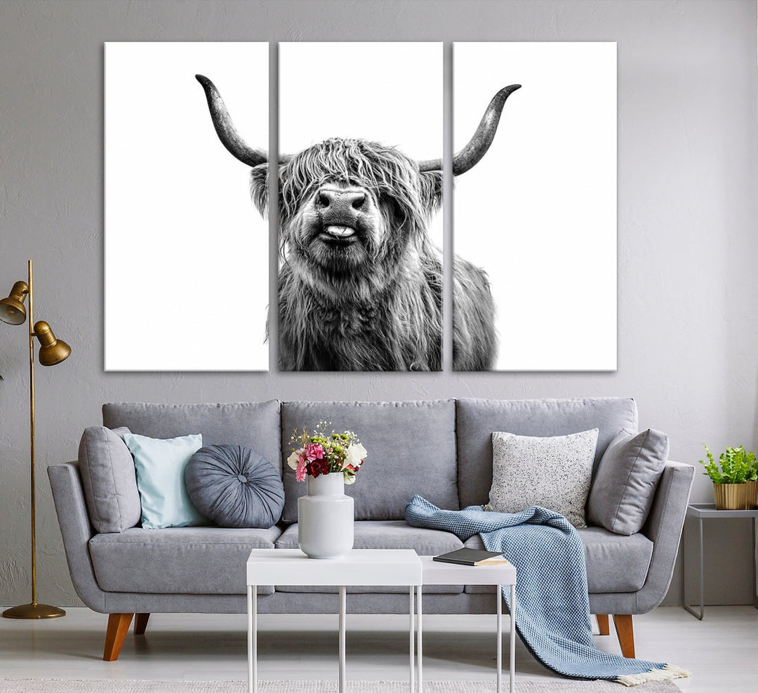 Highland Cow Canvas Wall Art Farmhouse Decor Cow Black White Print Rustic Wall Decor Animals Painting Scottish Cow Wall