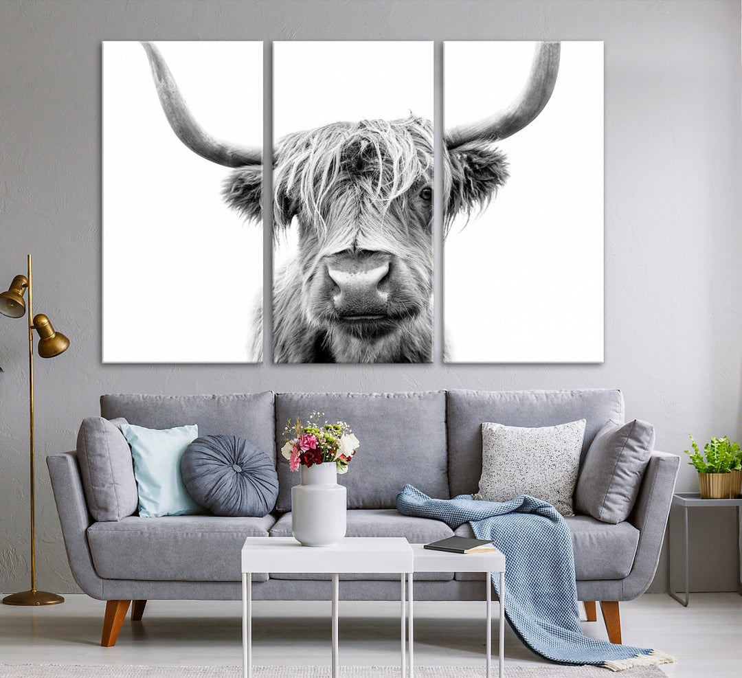 Highland Cow Canvas Wall Art Farmhouse Decor Cow Black White Print Rustic Wall Decor Animals Painting Scottish Cow Wall