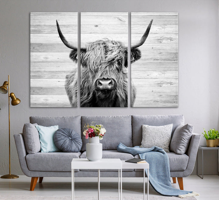 Highland Cow Canvas Wall Art Farmhouse Decor Cow Black White Print Rustic Wall Decor Animals Painting Scottish Cow Wall