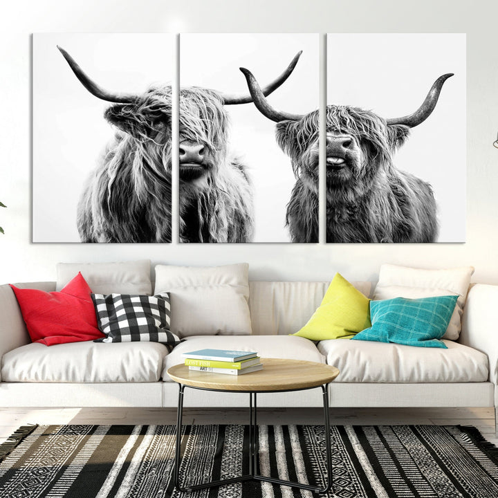 Highland Cow Canvas Wall Art Farmhouse Decor Cow Black White Print Rustic Wall Decor Animals Painting Scottish Cow Wall