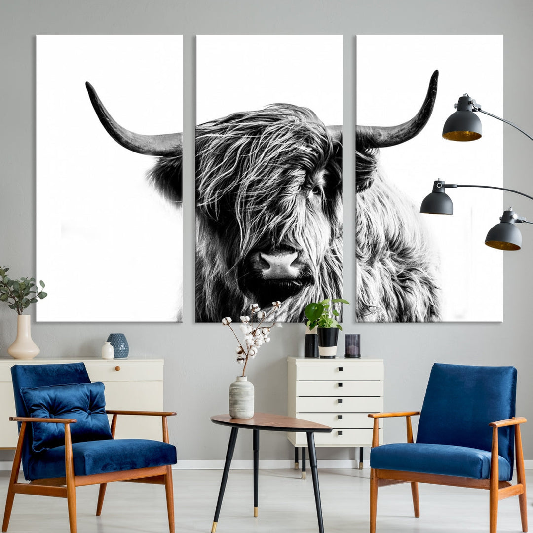 Highland Cow Canvas Wall Art Farmhouse Decor Cow Black White Print Rustic Wall Decor Animals Painting Scottish Cow Wall