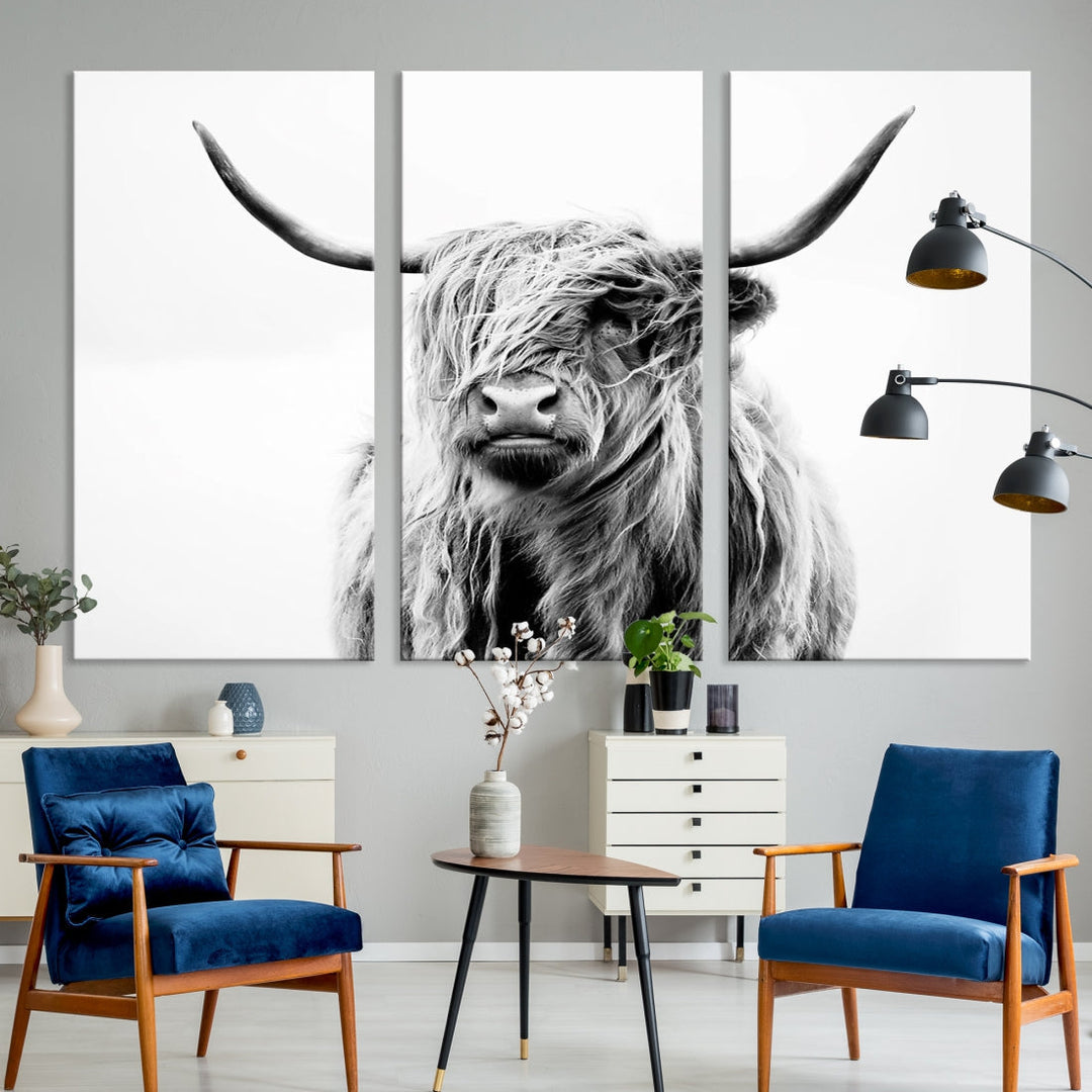 Highland Cow Canvas Wall Art Farmhouse Decor Cow Black White Print Rustic Wall Decor Animals Painting Scottish Cow Wall