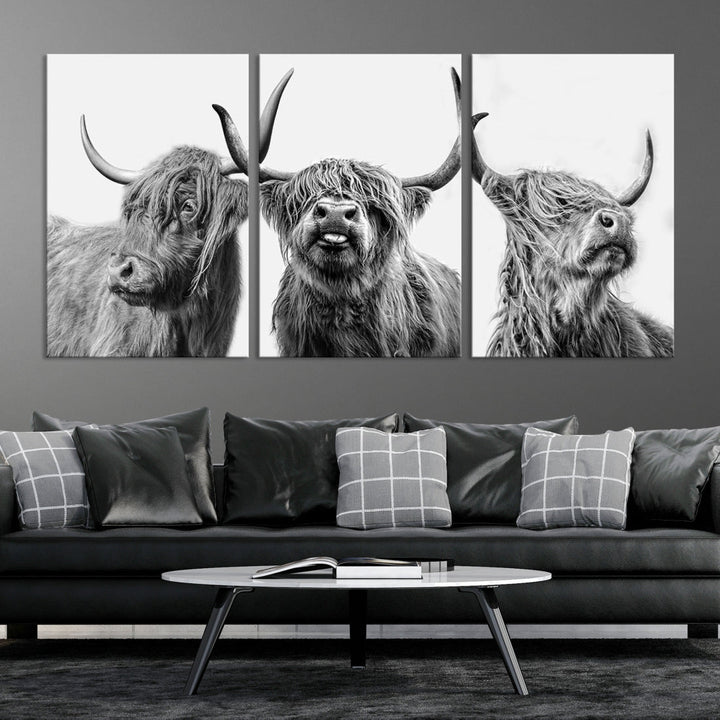 Highland Cow Canvas Wall Art Farmhouse Decor Cow Black White Print Rustic Wall Decor Animals Painting Scottish Cow Wall