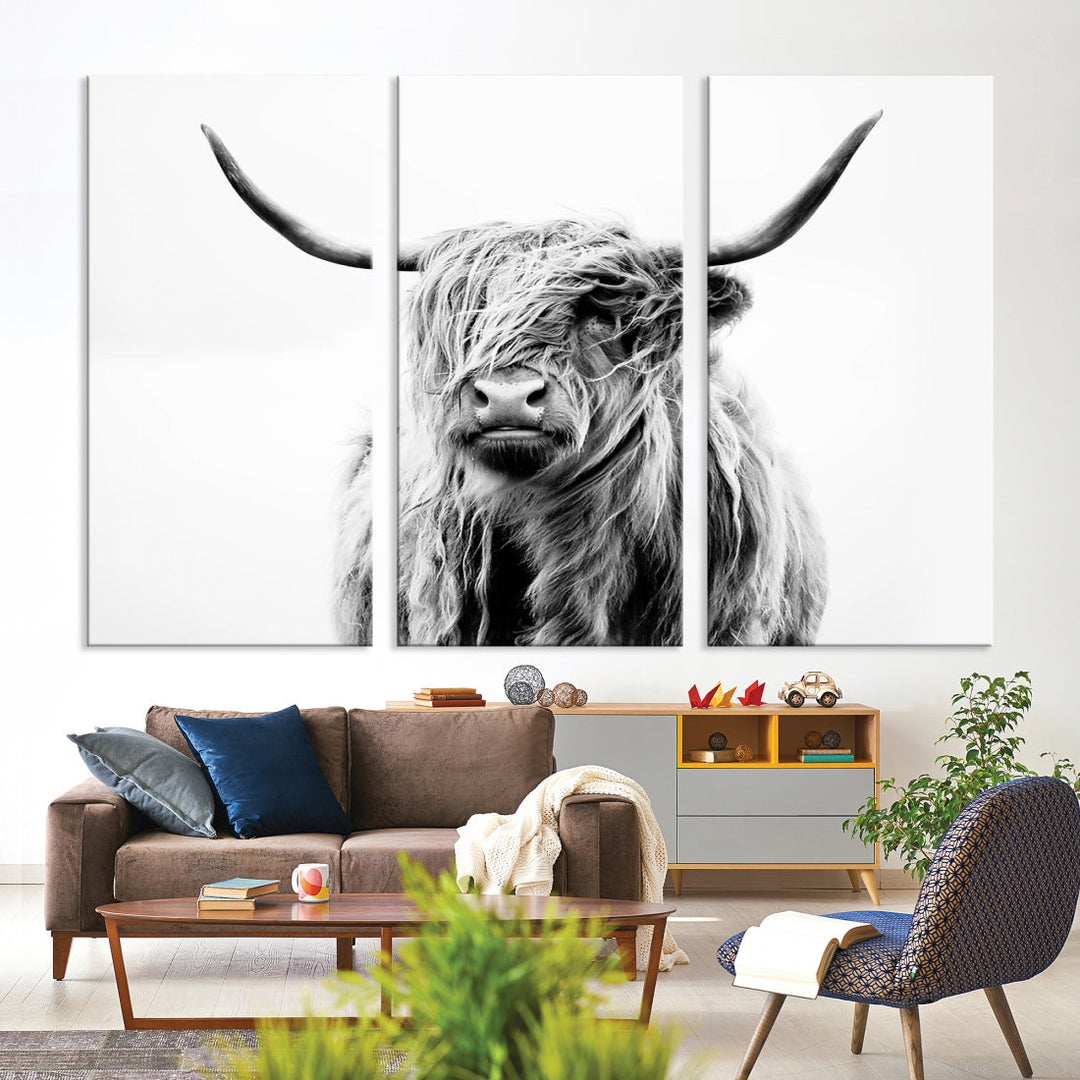 Highland Cow Canvas Wall Art Farmhouse Decor Cow Black White Print Rustic Wall Decor Animals Painting Scottish Cow Wall