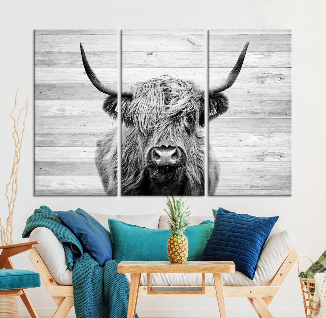 Highland Cow Canvas Wall Art Farmhouse Decor Cow Black White Print Rustic Wall Decor Animals Painting Scottish Cow Wall