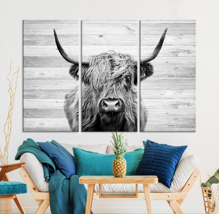 Highland Cow Canvas Wall Art Farmhouse Decor Cow Black White Print Rustic Wall Decor Animals Painting Scottish Cow Wall