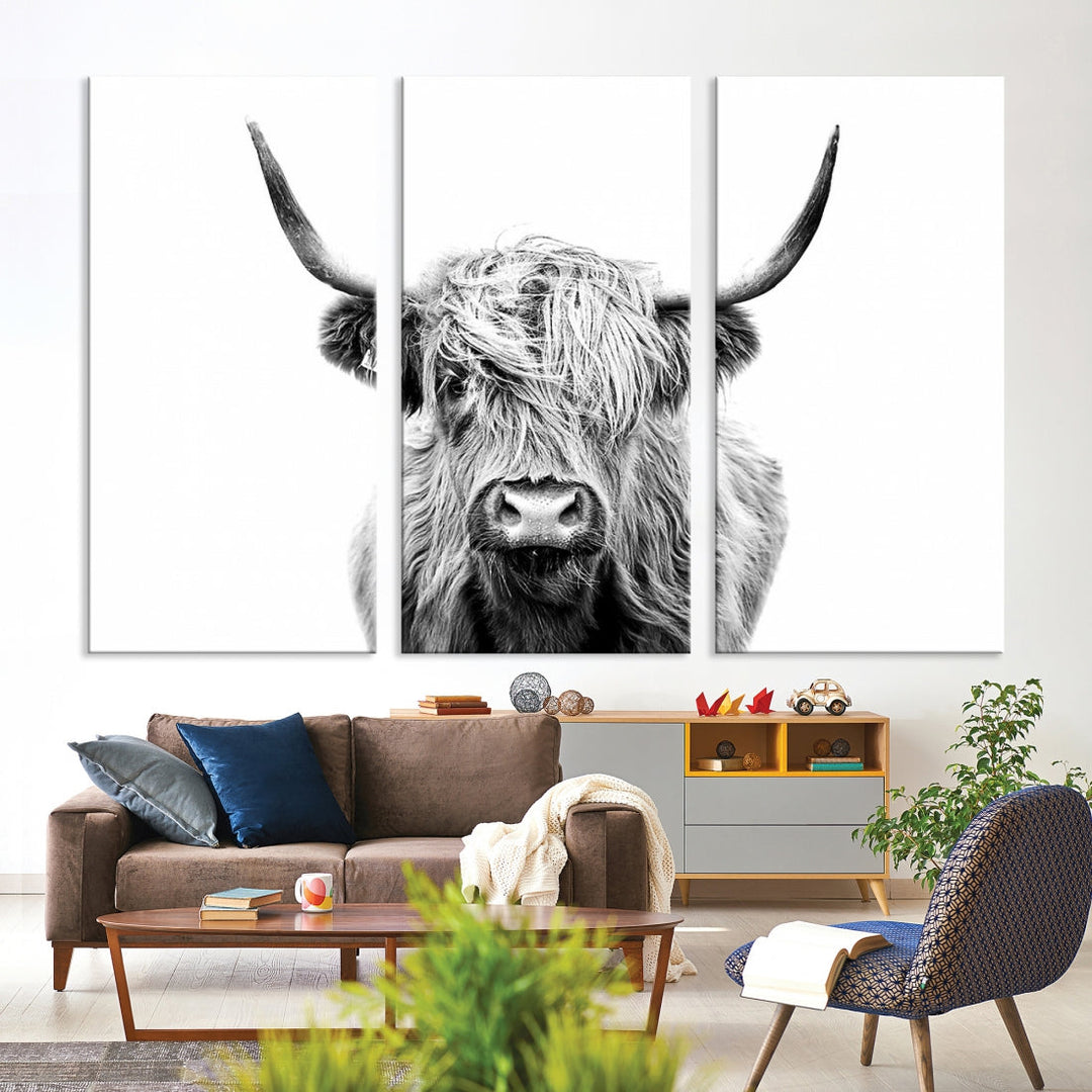 Highland Cow Canvas Wall Art Farmhouse Decor Cow Black White Print Rustic Wall Decor Animals Painting Scottish Cow Wall