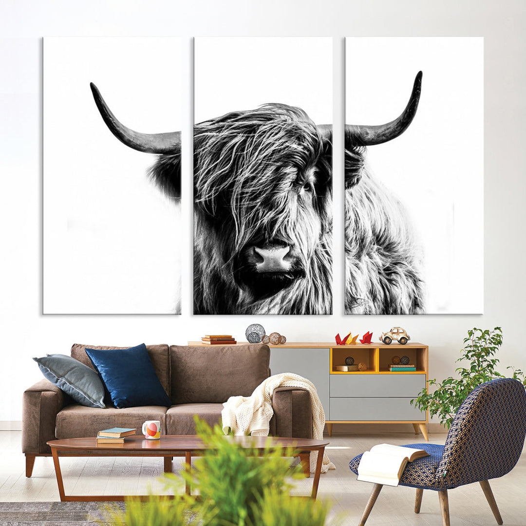 Highland Cow Canvas Wall Art Farmhouse Decor Cow Black White Print Rustic Wall Decor Animals Painting Scottish Cow Wall