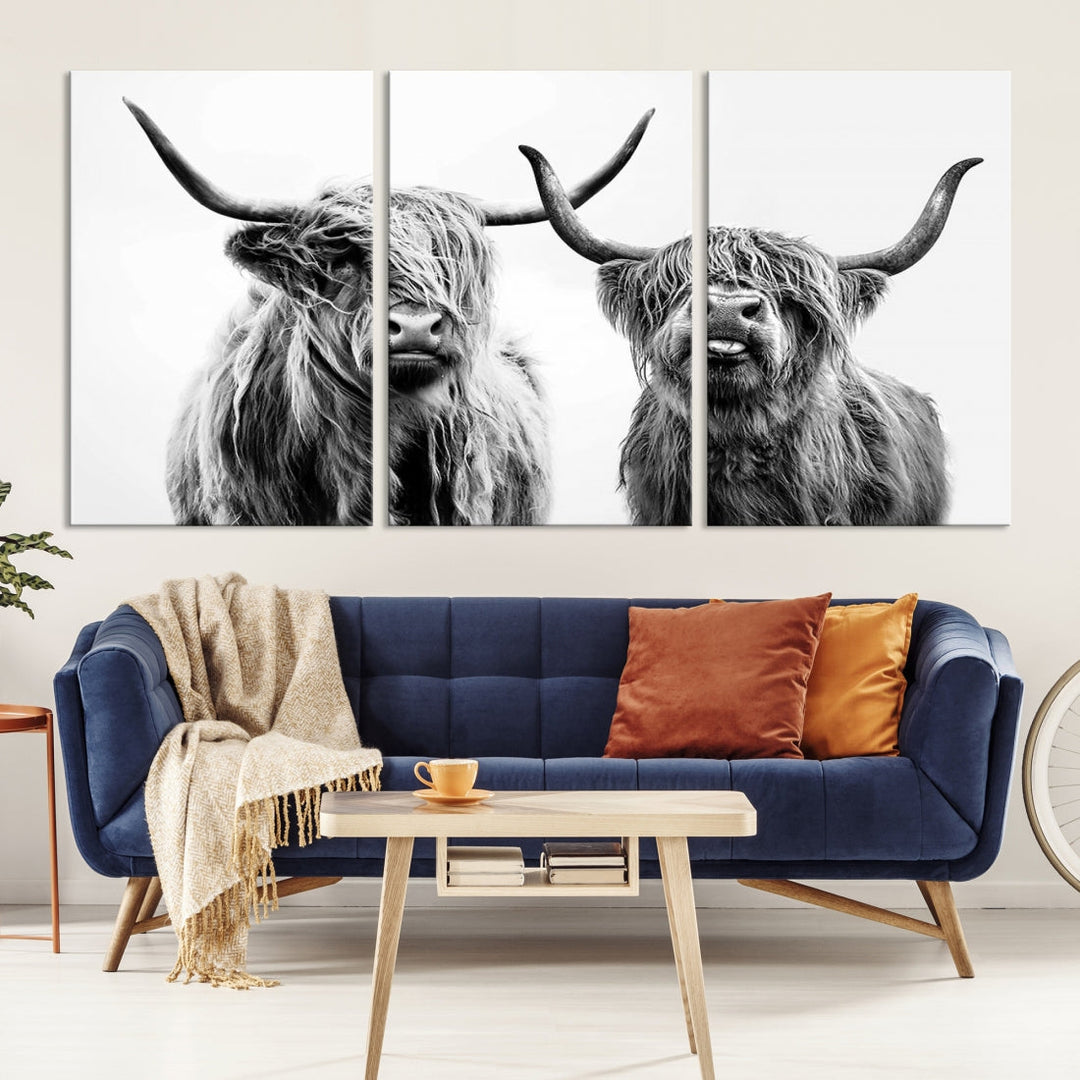 Highland Cow Canvas Wall Art Farmhouse Decor Cow Black White Print Rustic Wall Decor Animals Painting Scottish Cow Wall