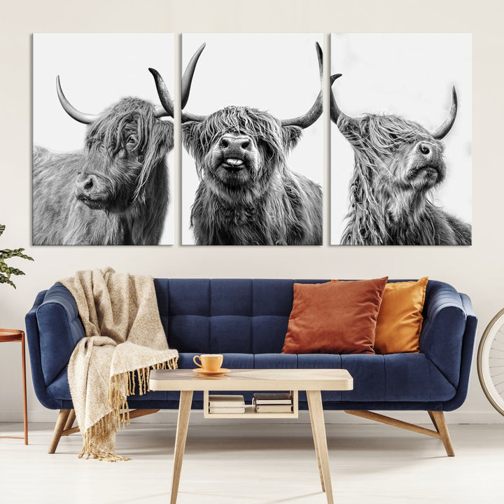 Highland Cow Canvas Wall Art Farmhouse Decor Cow Black White Print Rustic Wall Decor Animals Painting Scottish Cow Wall