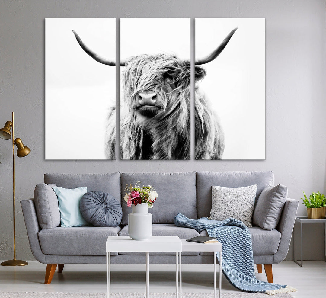 Highland Cow Canvas Wall Art Farmhouse Decor Cow Black White Print Rustic Wall Decor Animals Painting Scottish Cow Wall