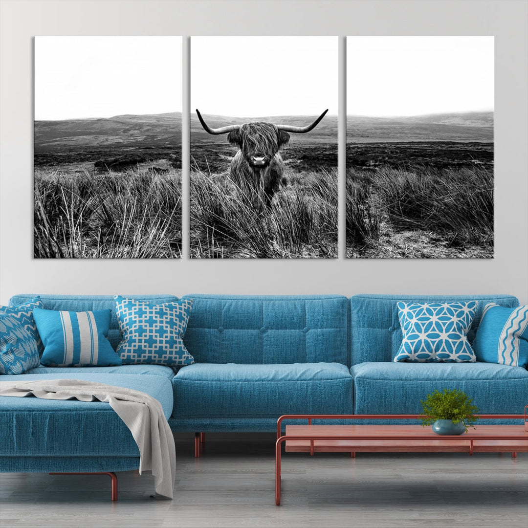 Highland Cow Canvas Wall Art Farmhouse Decor Cow Black White Print Rustic Wall Decor Animals Painting Scottish Cow Wall Art