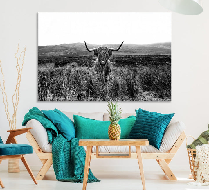 Highland Cow Canvas Wall Art Farmhouse Decor Cow Black White Print Rustic Wall Decor Animals Painting Scottish Cow Wall Art