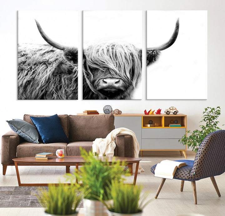 Highland Cow Canvas Wall Art Farmhouse Decor Cow Black White Print Rustic Wall Decor Animals Painting Scottish Cow Wall Art