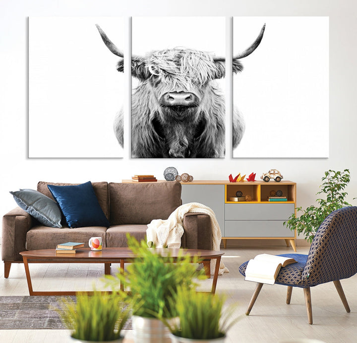 Highland Cow Canvas Wall Art Farmhouse Decor Cow Black White Print Rustic Wall Decor Animals Painting Scottish Cow Wall Art