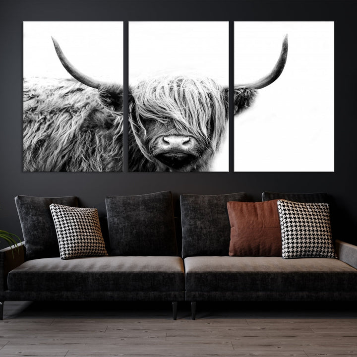 Highland Cow Canvas Wall Art Farmhouse Decor Cow Black White Print Rustic Wall Decor Animals Painting Scottish Cow Wall Art