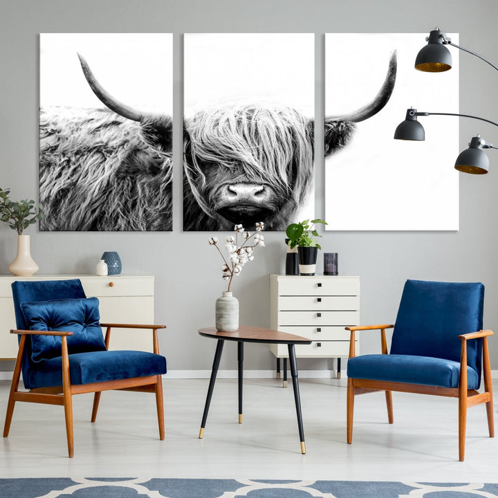 Highland Cow Canvas Wall Art Farmhouse Decor Cow Black White Print Rustic Wall Decor Animals Painting Scottish Cow Wall Art