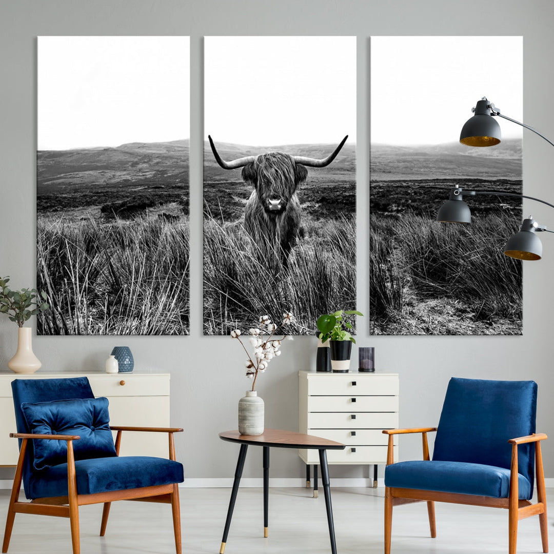 Highland Cow Canvas Wall Art Farmhouse Decor Cow Black White Print Rustic Wall Decor Animals Painting Scottish Cow Wall Art