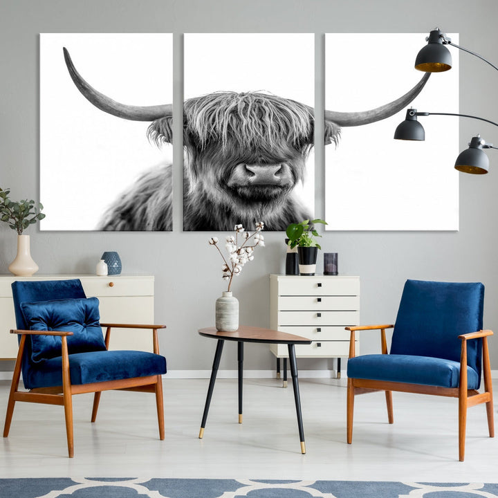 Highland Cow Canvas Wall Art Farmhouse Decor Cow Black White Print Rustic Wall Decor Animals Painting Scottish Cow Wall Art