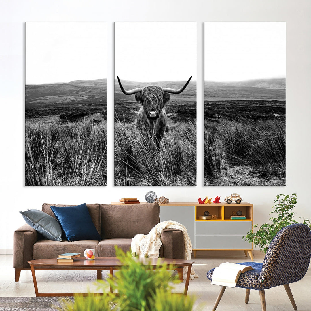 Highland Cow Canvas Wall Art Farmhouse Decor Cow Black White Print Rustic Wall Decor Animals Painting Scottish Cow Wall Art