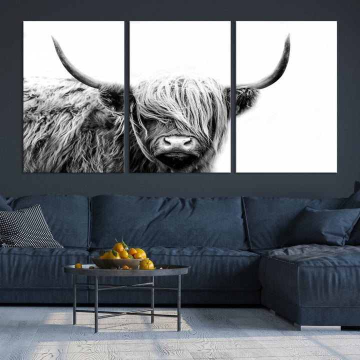 Highland Cow Canvas Wall Art Farmhouse Decor Cow Black White Print Rustic Wall Decor Animals Painting Scottish Cow Wall Art