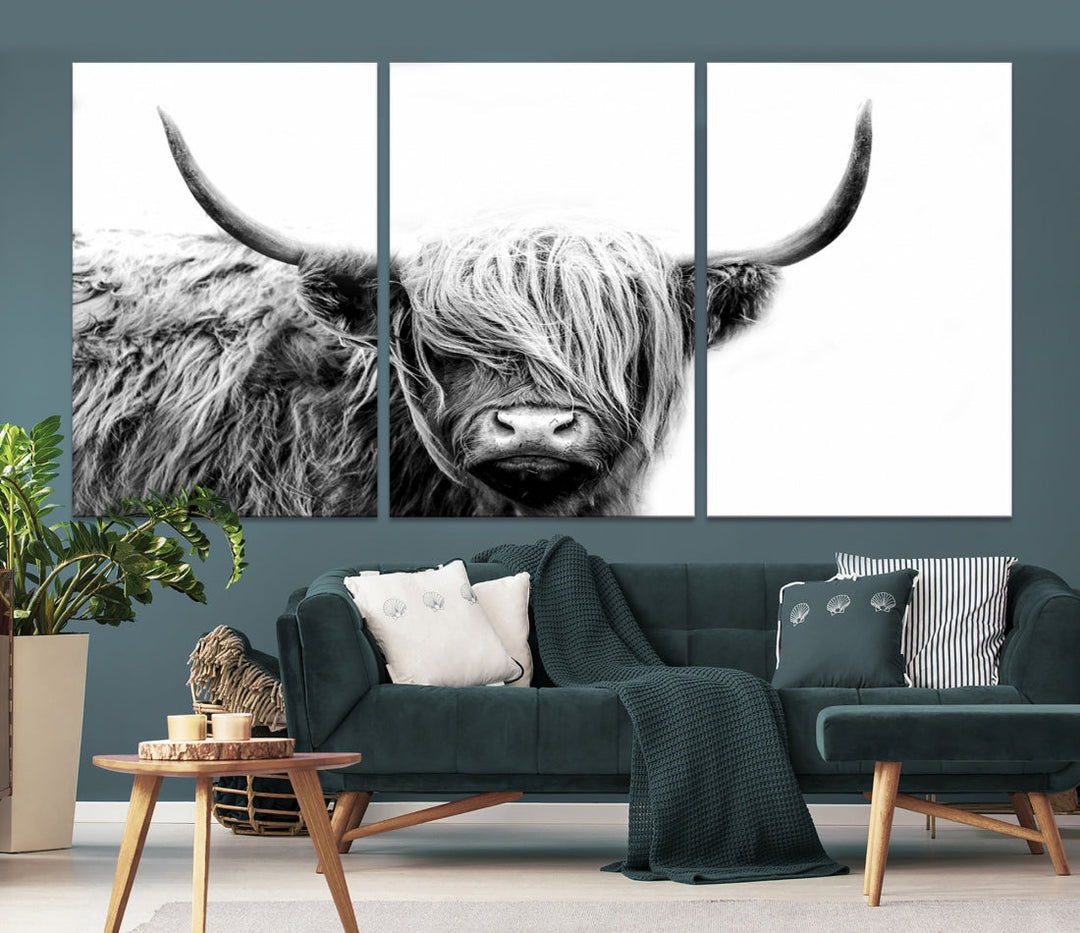 Highland Cow Canvas Wall Art Farmhouse Decor Cow Black White Print Rustic Wall Decor Animals Painting Scottish Cow Wall Art