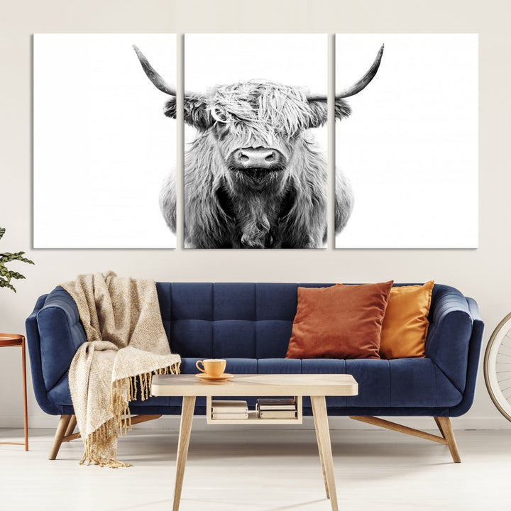 Highland Cow Canvas Wall Art Farmhouse Decor Cow Black White Print Rustic Wall Decor Animals Painting Scottish Cow Wall Art