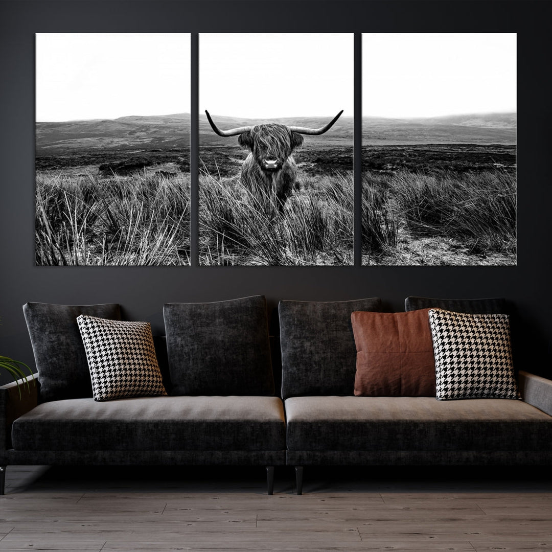 Highland Cow Canvas Wall Art Farmhouse Decor Cow Black White Print Rustic Wall Decor Animals Painting Scottish Cow Wall Art