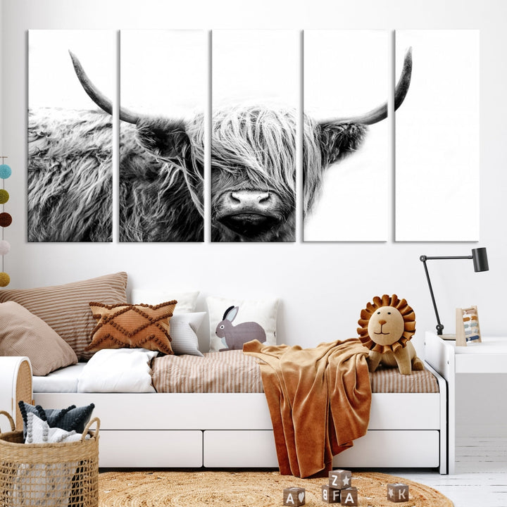 Highland Cow Canvas Wall Art Farmhouse Decor Cow Black White Print Rustic Wall Decor Animals Painting Scottish Cow Wall Art