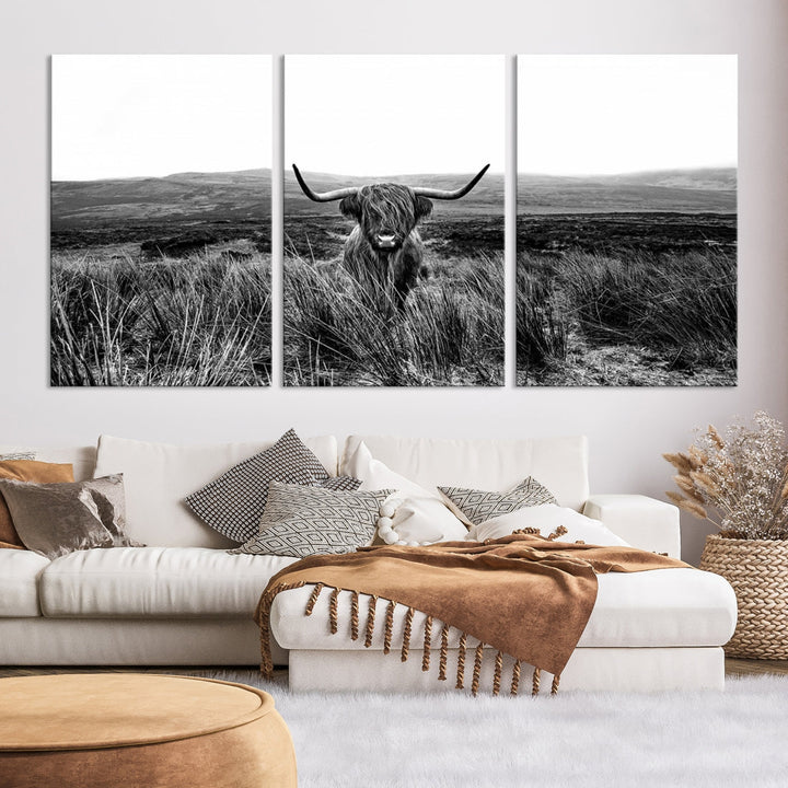 Highland Cow Canvas Wall Art Farmhouse Decor Cow Black White Print Rustic Wall Decor Animals Painting Scottish Cow Wall Art