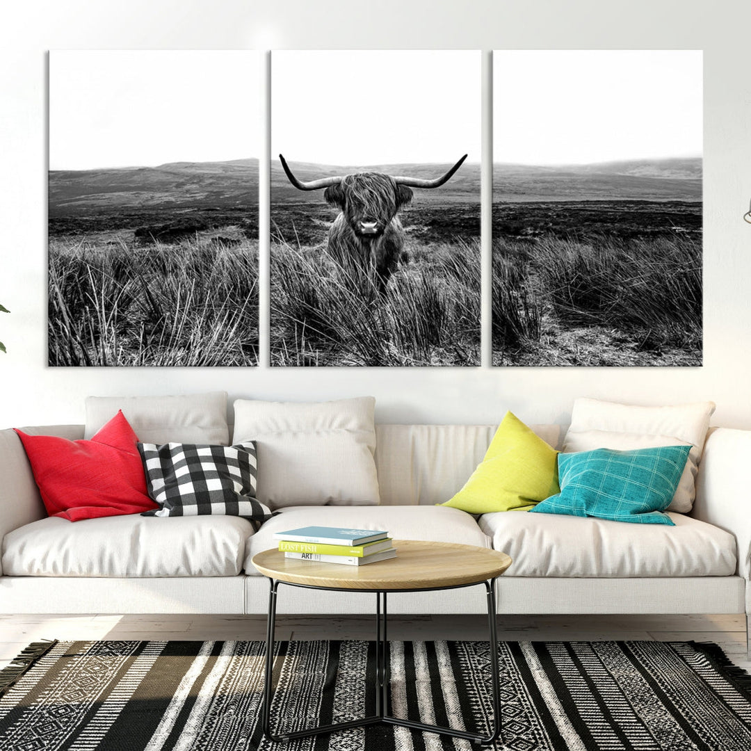 Highland Cow Canvas Wall Art Farmhouse Decor Cow Black White Print Rustic Wall Decor Animals Painting Scottish Cow Wall Art