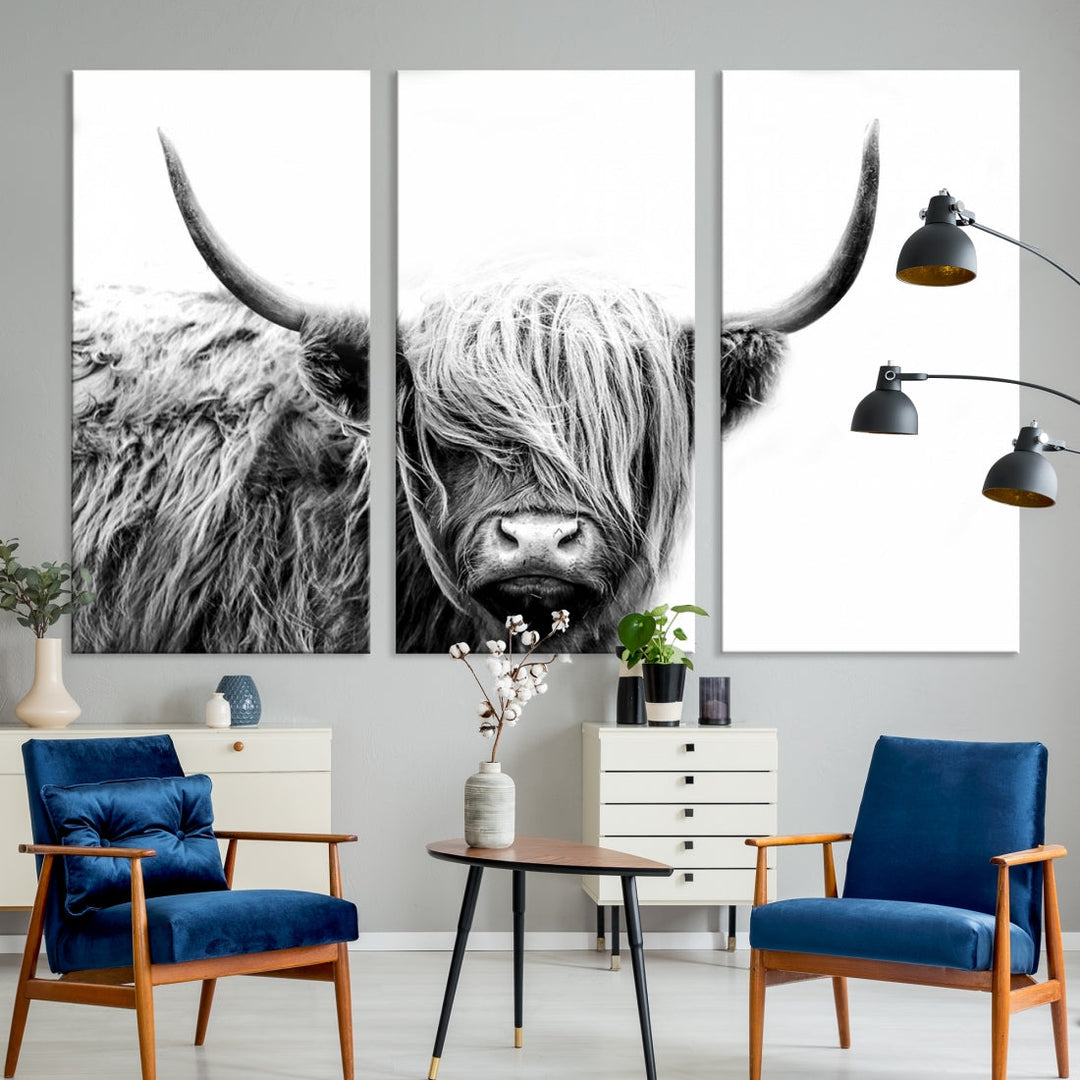 Highland Cow Canvas Wall Art Farmhouse Decor Cow Black White Print Rustic Wall Decor Animals Painting Scottish Cow Wall Art