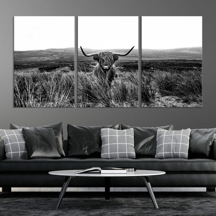 Highland Cow Canvas Wall Art Farmhouse Decor Cow Black White Print Rustic Wall Decor Animals Painting Scottish Cow Wall Art