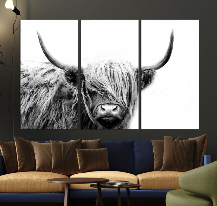 Highland Cow Canvas Wall Art Farmhouse Decor Cow Black White Print Rustic Wall Decor Animals Painting Scottish Cow Wall Art