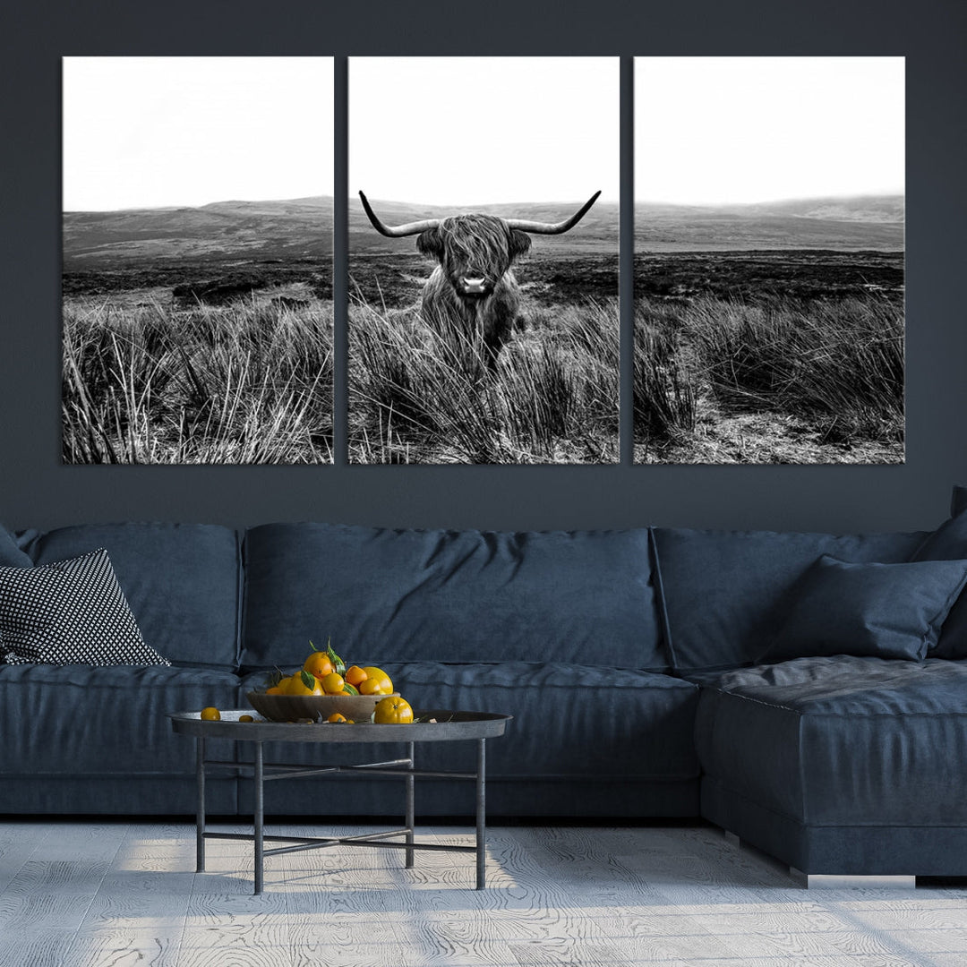 Highland Cow Canvas Wall Art Farmhouse Decor Cow Black White Print Rustic Wall Decor Animals Painting Scottish Cow Wall Art