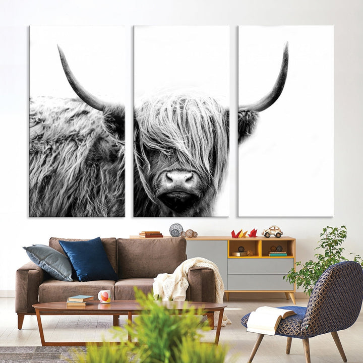 Highland Cow Canvas Wall Art Farmhouse Decor Cow Black White Print Rustic Wall Decor Animals Painting Scottish Cow Wall Art