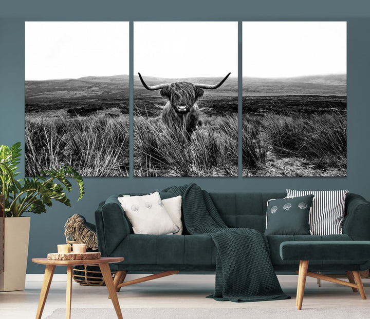 Highland Cow Canvas Wall Art Farmhouse Decor Cow Black White Print Rustic Wall Decor Animals Painting Scottish Cow Wall Art