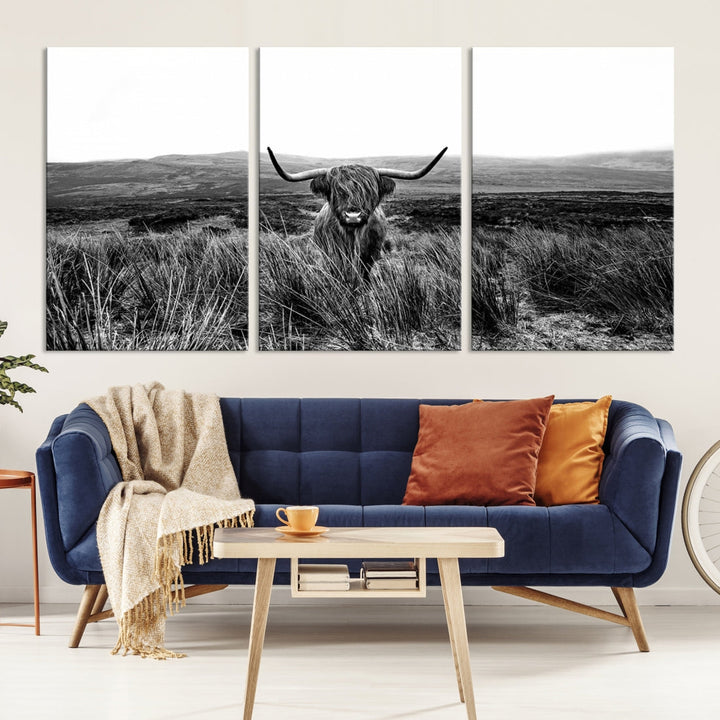 Highland Cow Canvas Wall Art Farmhouse Decor Cow Black White Print Rustic Wall Decor Animals Painting Scottish Cow Wall Art