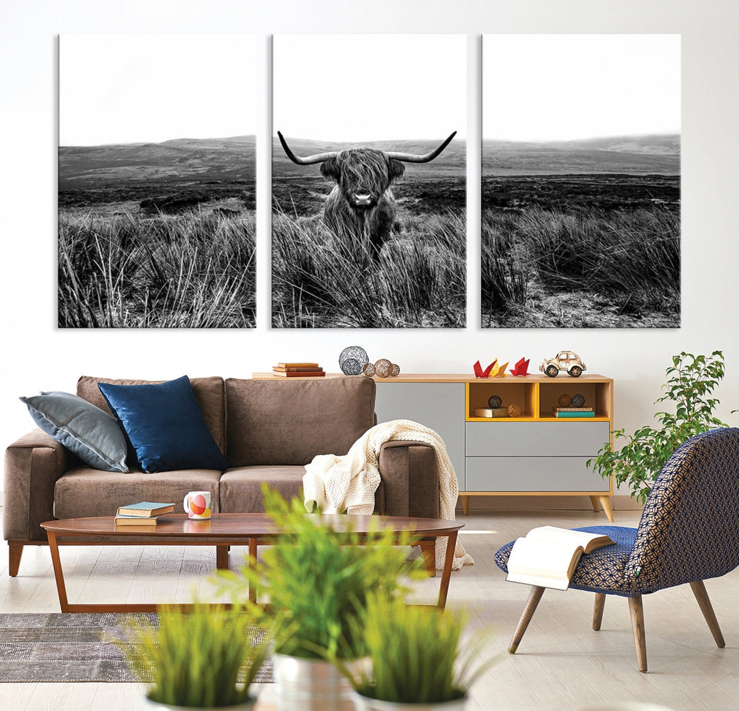 Highland Cow Canvas Wall Art Farmhouse Decor Cow Black White Print Rustic Wall Decor Animals Painting Scottish Cow Wall Art